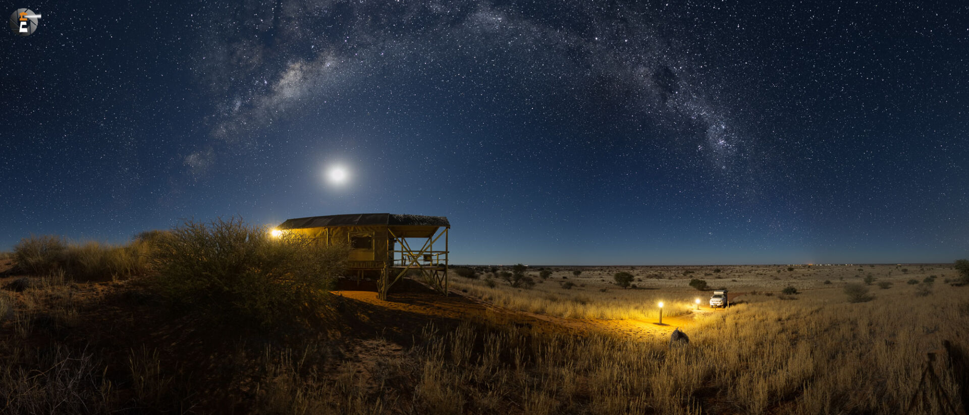 Starry sky and moon light at the edge of the Kalahari